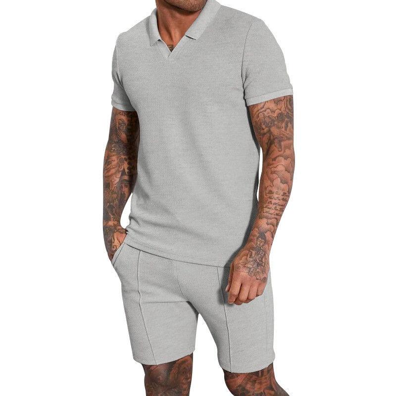 Conjunto de pantalones cortos de manga corta con cuello en V para hombre, Polo ajustado a la moda, ropa de verano, novedad de 2023