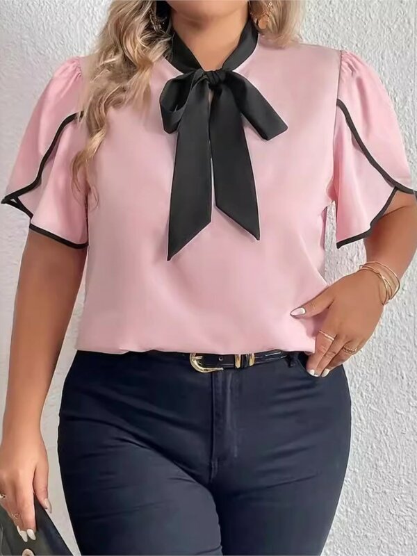 Plus Size Summer Pink Pullover Tops Women Patchwork Bow Collar Fashion Ladies Blouses Pleated Casual Short Sleeve Woman Tops