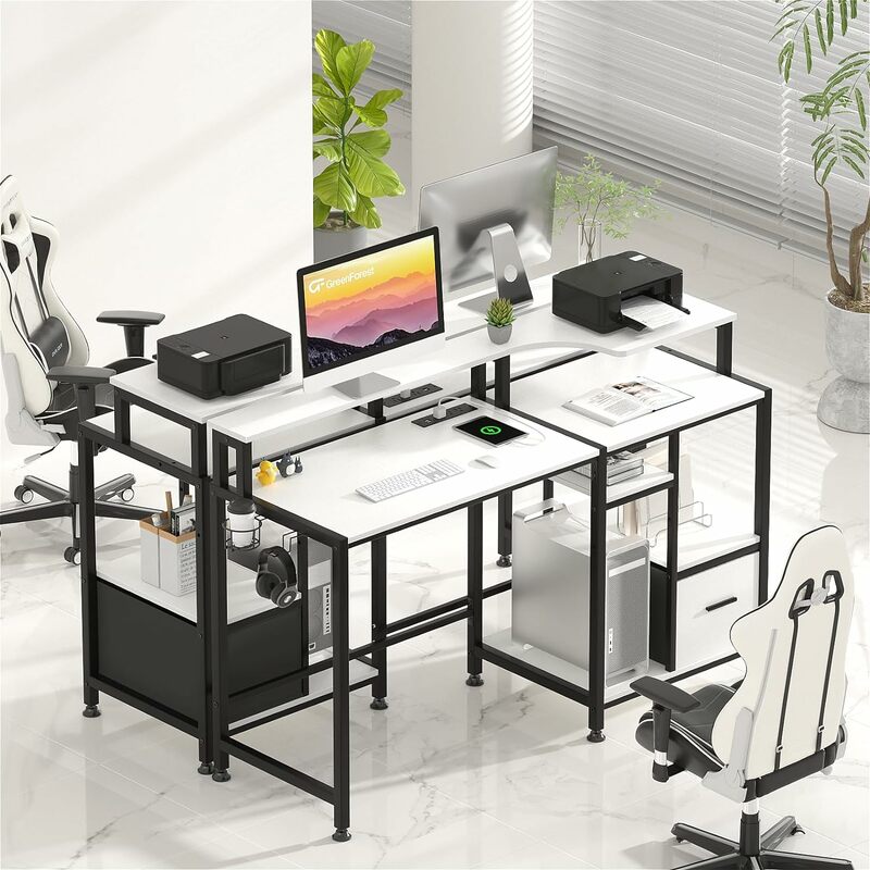 GreenForest Computer Desk with Drawers and Power Outlet, 55 inch Office Desk with Printer Shelf Monitor Stand, Work Desk with Cu