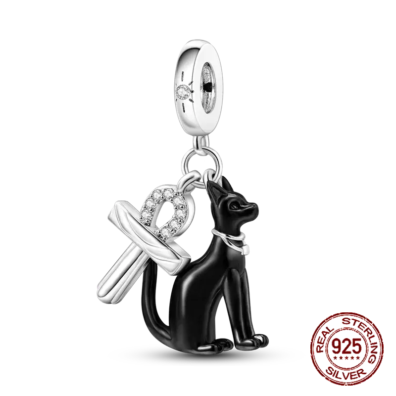 Gato preto pingente impressão para mulheres, 925 encantos de prata esterlina, miçangas, jóias DIY, se adapta pulseira Pandora original, presente, coleção