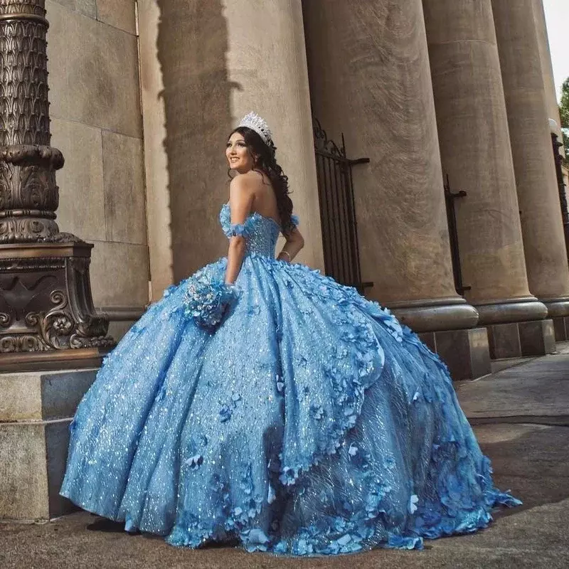 Elegant Sky Blue Quinceanera Dresses Off Shoulder Ball Gown Beaded 3D Flowers Formal Party Birthday Gowns Sweet 15 16 Dress