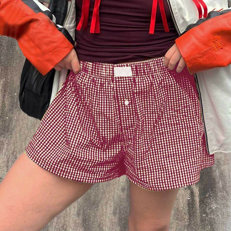 Piyama kotak-kotak Y2K wanita, celana pendek elastis pinggang lebar kaki lebar Boxer santai