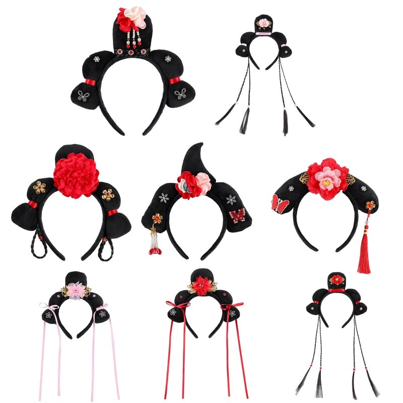 M2EA จีนโบราณ HeadBand Manchu เจ้าหญิง Headwear โบราณ Tangzhuang เด็กน่ารักเครื่องประดับผมดอกไม้พู่ Headwear