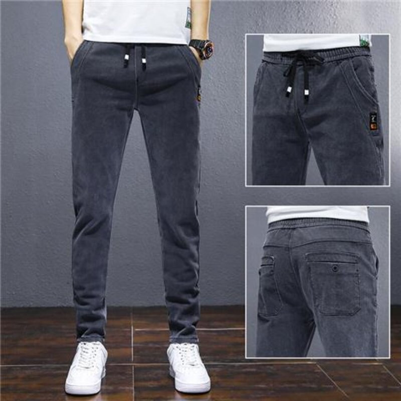 Fashion Autumn and Winter New Style Plush Jeans Men Solid Color Casual Drawstring Stretch SlimTrousers All-match Pants Men Jeans