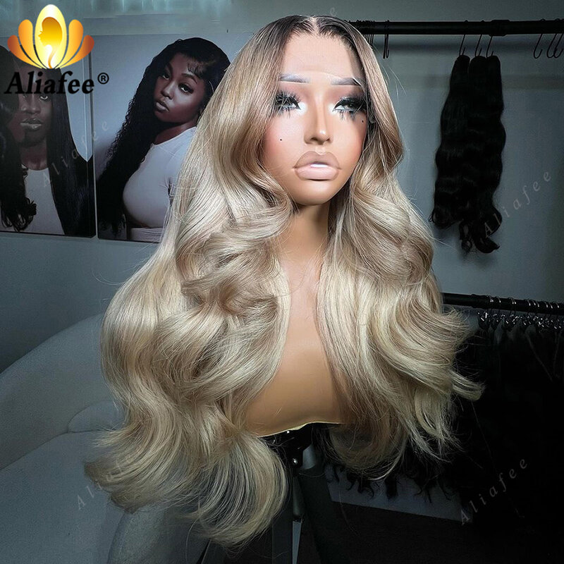 Ombre Ash Blonde Body Wave 13x6 hd Lace Frontal Human Hair Wigs Pre-plucked 13x4 Lace Front Wig for Women Brown Root Blonde Wigs