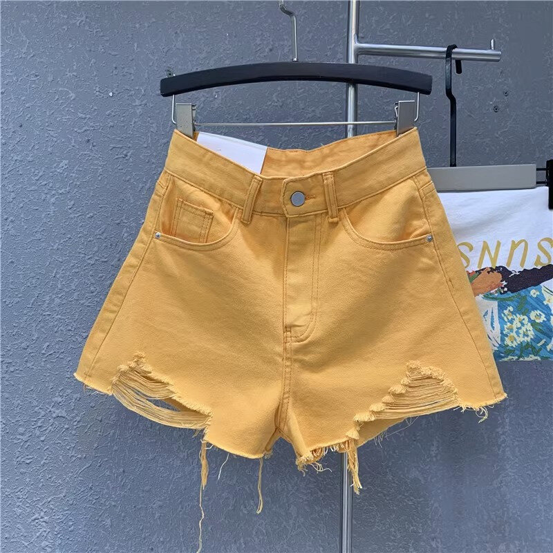 2024 New Summer Candy Green Vintage High Waist Slim and Wide Legged Pants with Perforated Ragged Edges Denim Sport Shorts Short