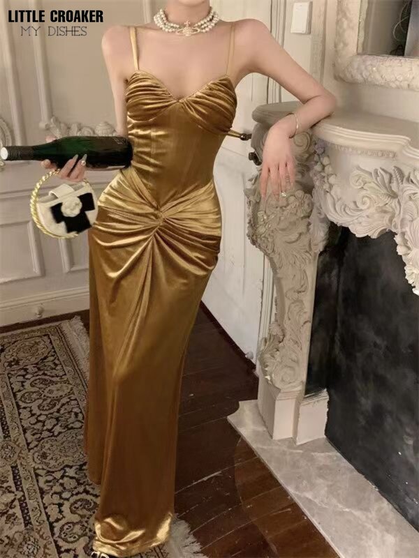 Geraffte Spaghetti träger Gold Frauen Abendkleider Frau elegante Luxus formale lange Robe