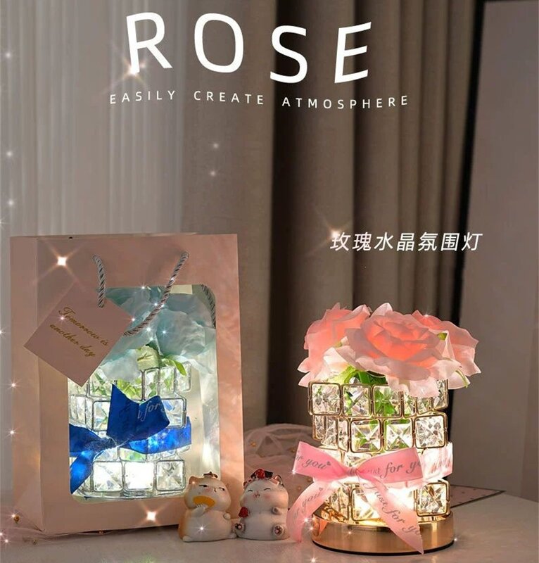 LED 장미 테이블 램프, 3 색 충전식 크리스탈 루빅스 큐브 야간 조명, 여자 친구 발렌타인 데이 생일 로맨틱 선물