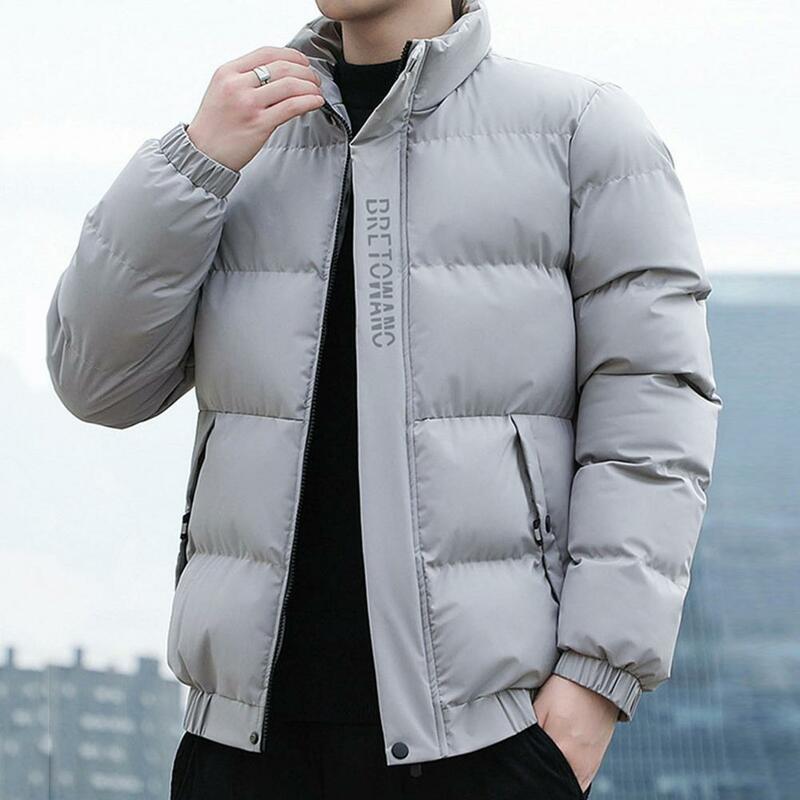 Stylish Winter Men Cotton Jacket Windproof Design with Pocket Letter Printed Lapel Collar Short Handsome Cotton Coat Jacket