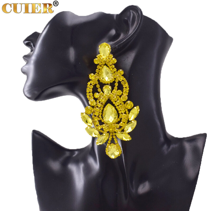 CuiEr 10.5cm 큰 크기 드롭 귀걸이 웨딩 신부 보석 라인 석 유리 워터 드롭 여성 귀걸이 제트 양쪽 도금