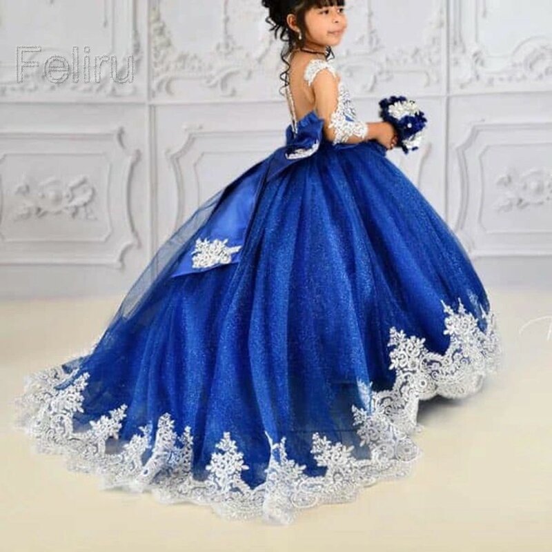 Vestido de renda brilhante feminino, Flor Applique, Vestidos de comprimento princesa, Festa de aniversário infantil, Requintado