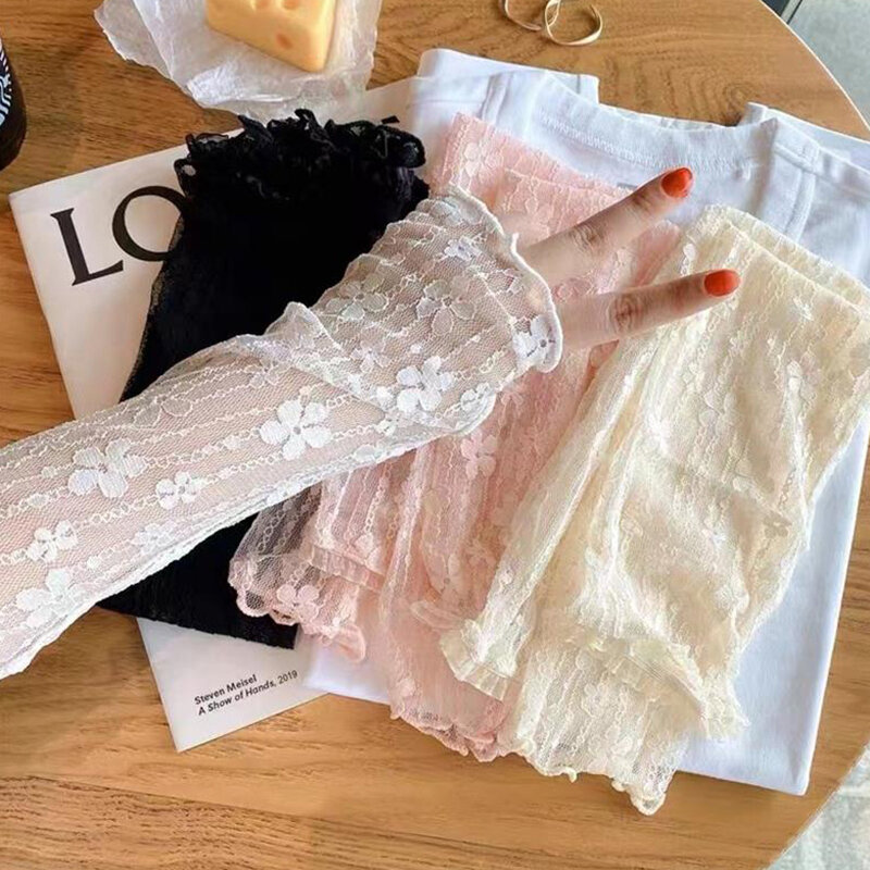 1Pair Women Lace Hollow-Out Sun UV Protection Fingerless Sleeves Thin Mesh Breathable Sleeves Summer Drive Cycling Sleeve Mitten