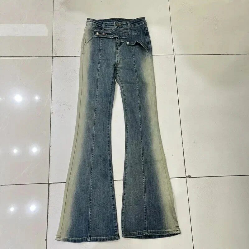 Calças de cintura alta de design irregular slim fit, design antigo, pendulares simples, versátil Micro Ra Jeans, desfile de moda, edição coreana, 2023