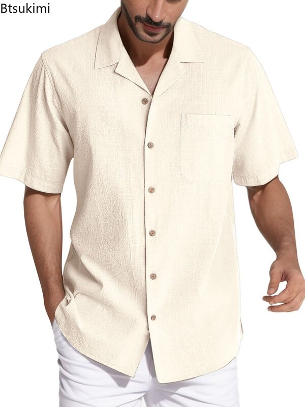 Camisa informal Lisa para hombre, blusa holgada de manga corta con solapa, Tops transpirables simples, cárdigan cómodo para playa, 2024