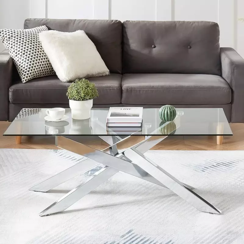 LISM Rectangle Modern Coffee Table, Tempered Glass Top and Metal Tubular Leg, 47.3”Lx23.6”Wx18.1”H, Silver