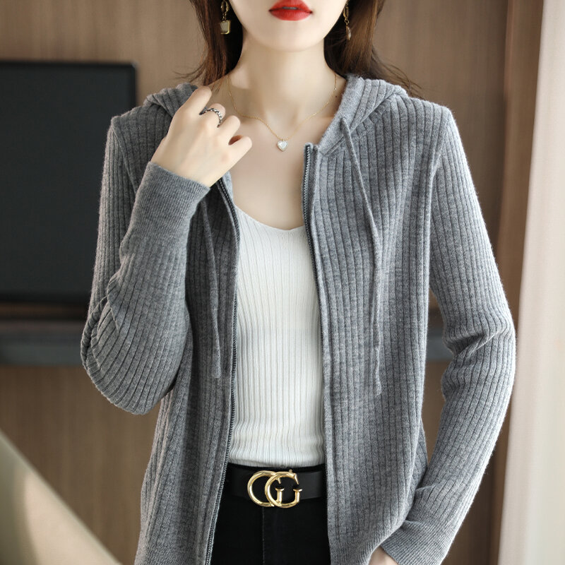 Cardigan tricoté à capuche pour femme, ample et décontracté, couleur unie, automne et hiver