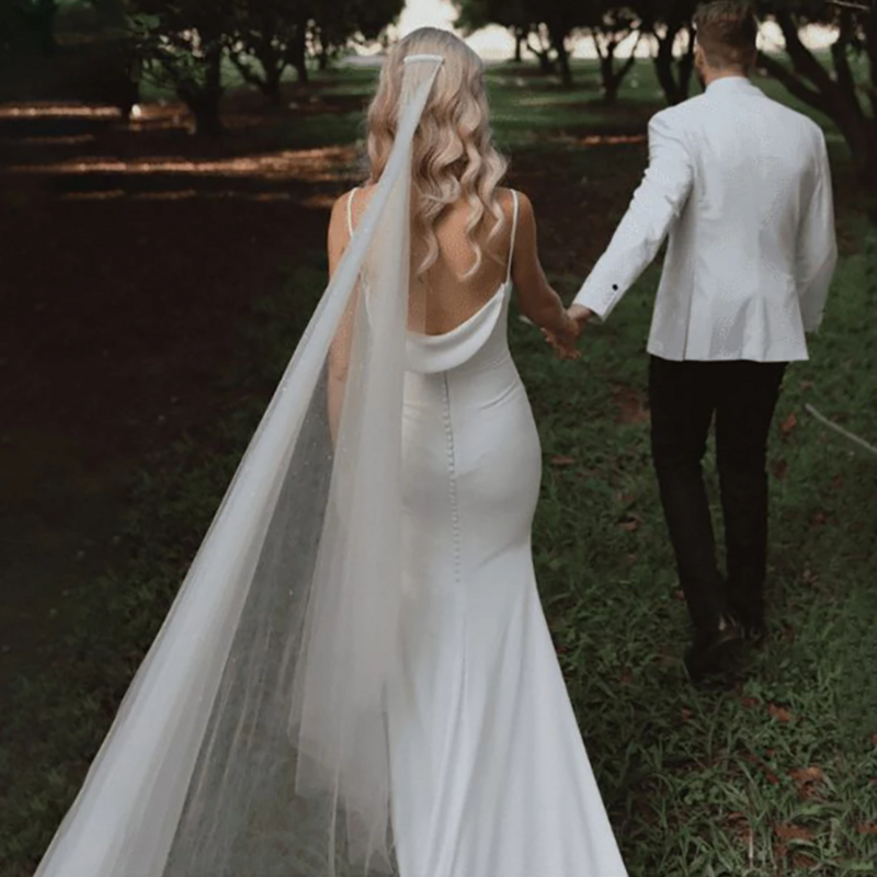 Элегантное свадебное платье мечты из крепа с воротником-хомутом Русалка для невесты простое атласное драпированное платье с открытой спиной на бретельках для невесты