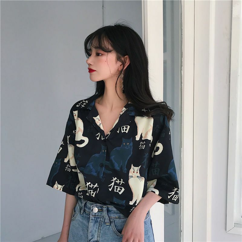 Koszule damskie w stylu Vintage nadruk z kotem koreański podstawowy projekt luźny, szykowny damska odzież dziewczęca codzienna Top damski uliczna w college'u