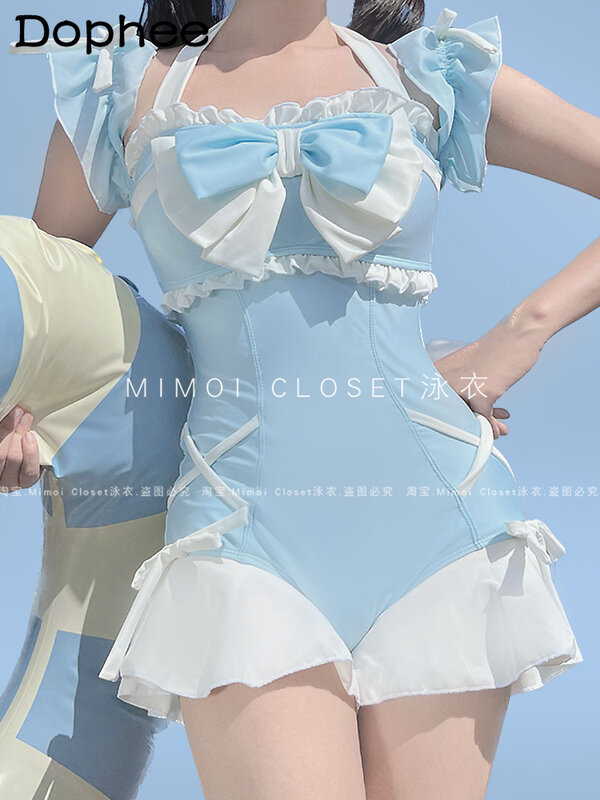 Pakaian mandi wanita 2024 musim panas baru gaya Jepang Lolita busur gadis lucu biru baju renang melayang jahitan Halter baju renang mandi