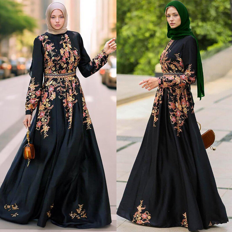 Женское длинное платье в мусульманском стиле, Черное Платье макси с цветочным принтом, длинное платье в арабском стиле Ближнего Востока