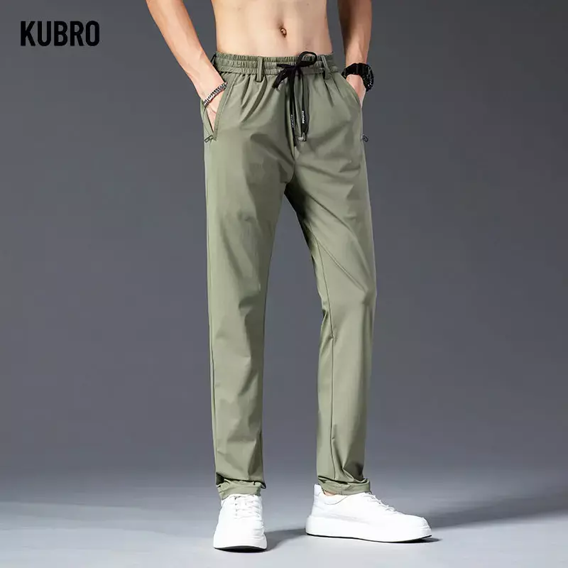 KUBRO-Calça reta de seda gelo masculina, roupa chique masculina, seção super fina, respirável, confortável, casual, tendência de trabalho, verão