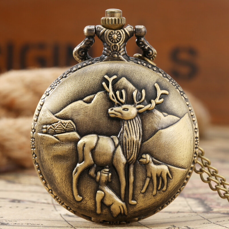 Montre de Poche à Quartz Vintage en Bronze avec Motif d'Animal Sauvage, Horloge Rétro Élégante avec Loup, Aigle, Cerf, Ours, Cheval et Oiseaux