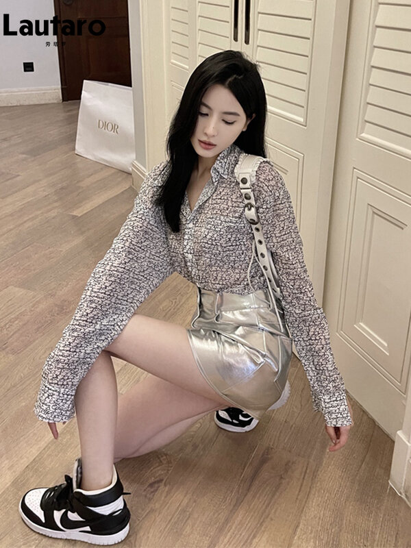 Lautaro Summer Autumn Pink Silver Reflective Shiny Patent Leather Mini Skirts for Women High Waist A Line Short Sexy Y2K Clothes