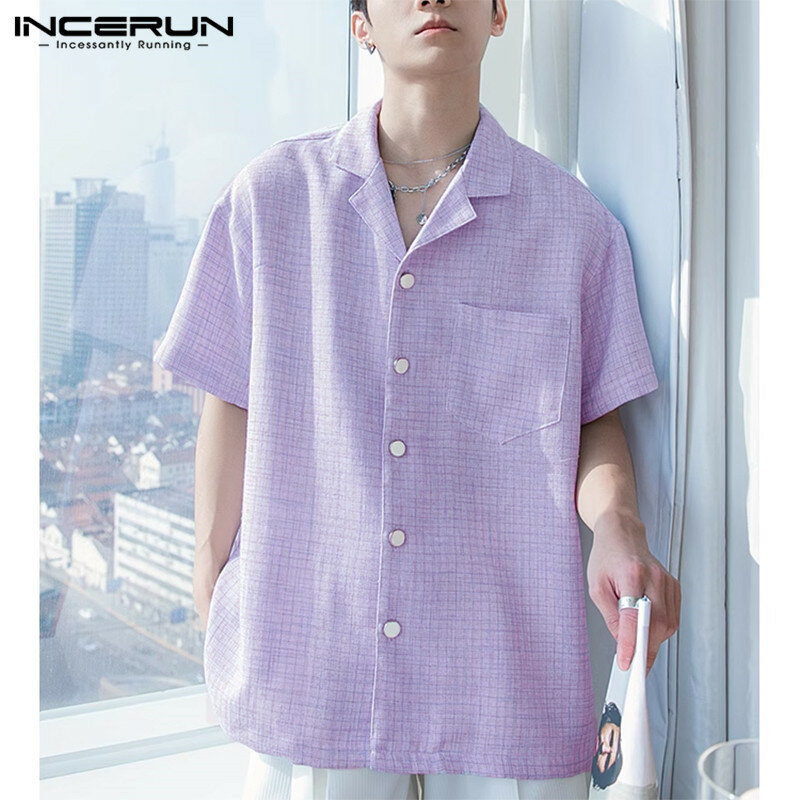 INCERUN 남성용 단색 라펠 반팔 셔츠, 캐주얼 남성 의류, 스트리트웨어, 한국 2024 패션, 레저 셔츠, S-5XL, 여름