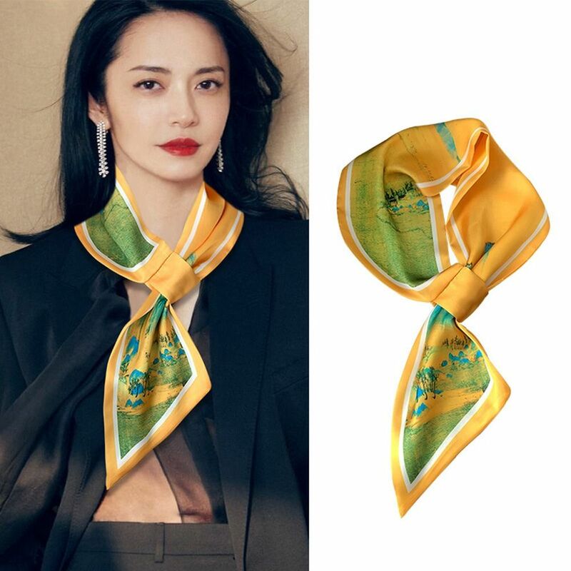 Lenço de seda estilo chinês para mulheres, lenço, lenço, pulseiras, elegante, belas paisagens, ventilador, veados, ópera