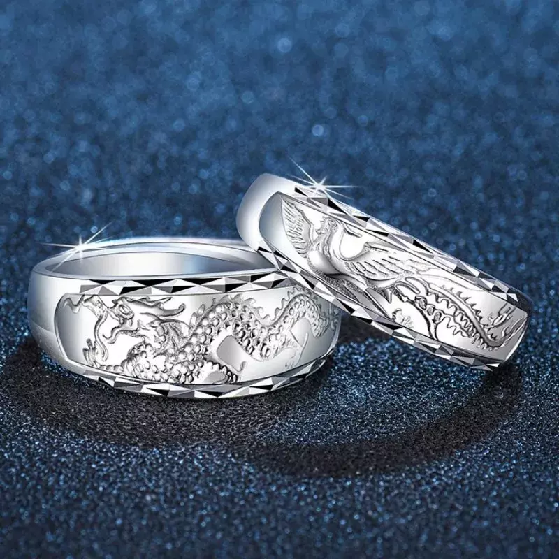 UMQ S999 Sterling Silver Rings for Men Women 2021 New Fashion Relief Dragon Phoenix Platinum Plating Argentum Lover's Jewelry