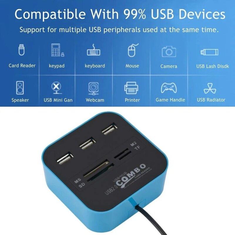 PzzPss 3 Port USB2.0 Hub Combo USB Pembaca Kartu Mikro SD/TF USB Splitter Hub Combo Semua Dalam Satu untuk Aksesori Komputer Laptop