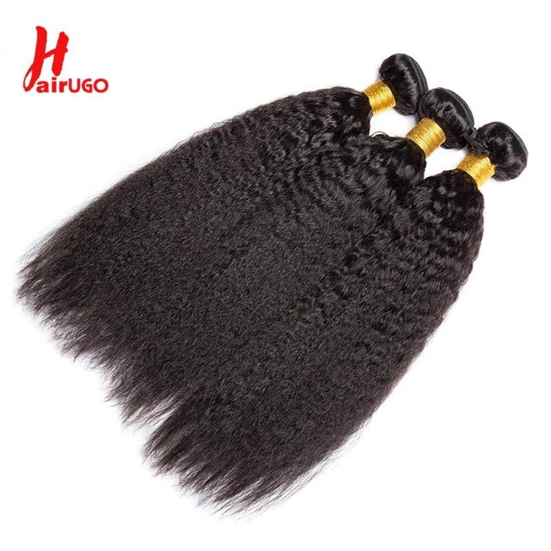 HairUGo Brazilian Kinky Straight 1/3 Bundles Remy Yaki Straight Bundles Human Hair Extensions Natural Color Human Hair Weave
