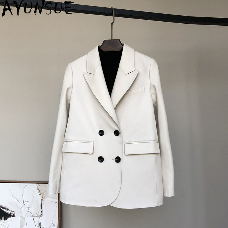 AYUNSUE-Jaqueta de couro real elegante feminina, jaquetas de couro trespassado, casaco genuíno de pele de carneiro, alta qualidade