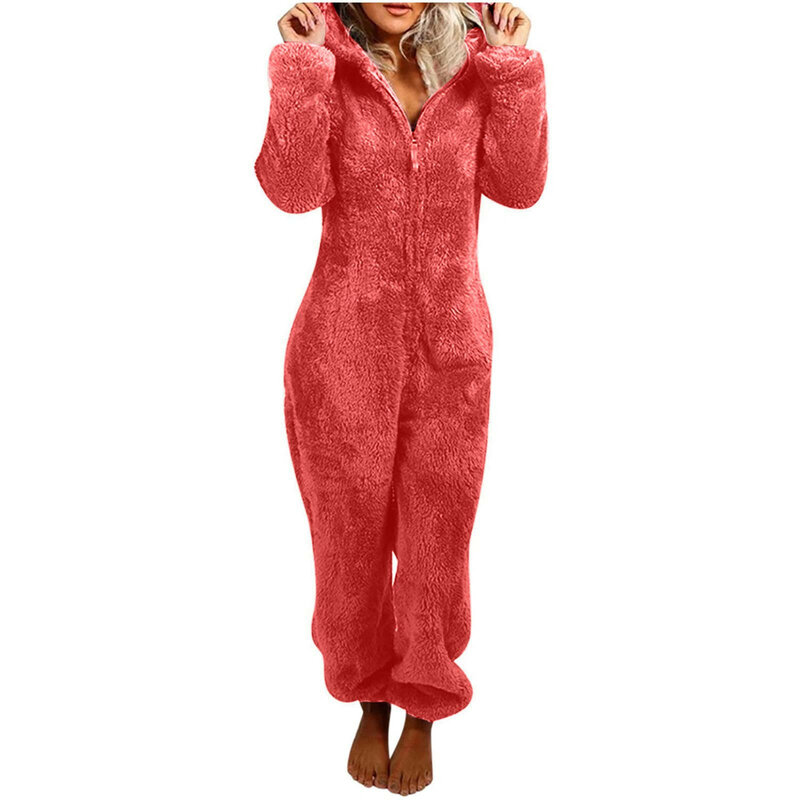 Frauen Onesies Langarm Kapuze Overall Pyjama lässig Winter warm Stram pler Nachtwäsche Fleece einfarbig Nachtwäsche Nachthemd