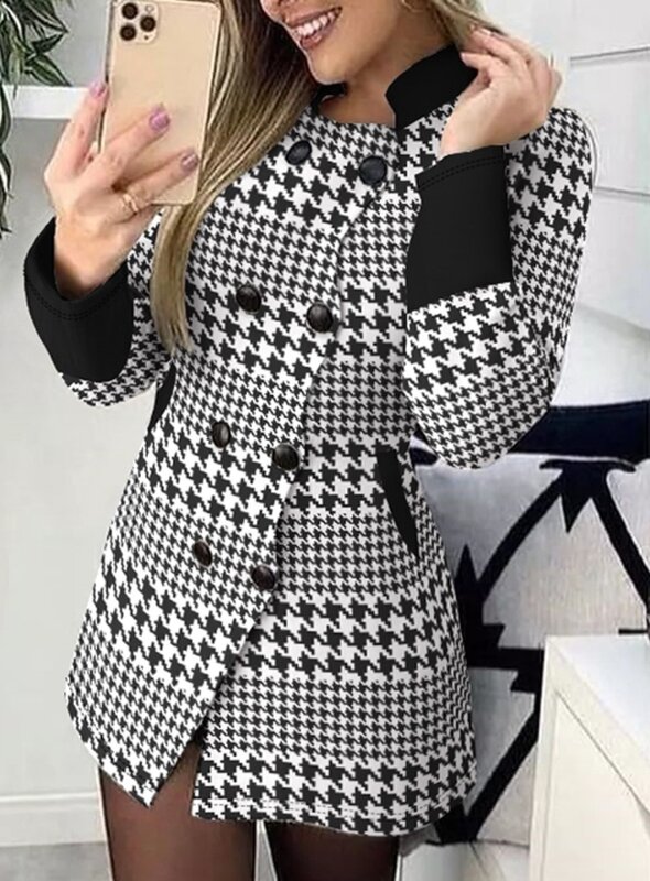 Women Fall Winter Coat Casual Jacket Contrast Paneled Houndstooth Print Double Breasted Pocket Design Long Sleeve Coat