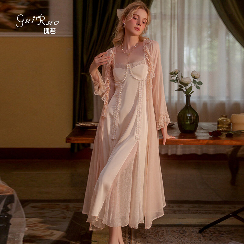 Пикантная длинная однотонная Милая Пижама, прозрачный сетчатый халат, Женская домашняя одежда