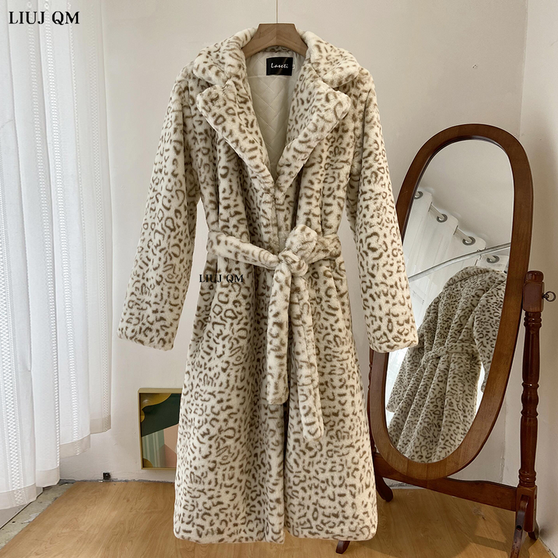 Odzież Plus Size jesień zima płaszcz ze sztucznego futra kobiety Parka Lapel wzór w cętki długa futrzana kurtka kobiet ciepłe grube pluszowy płaszcz