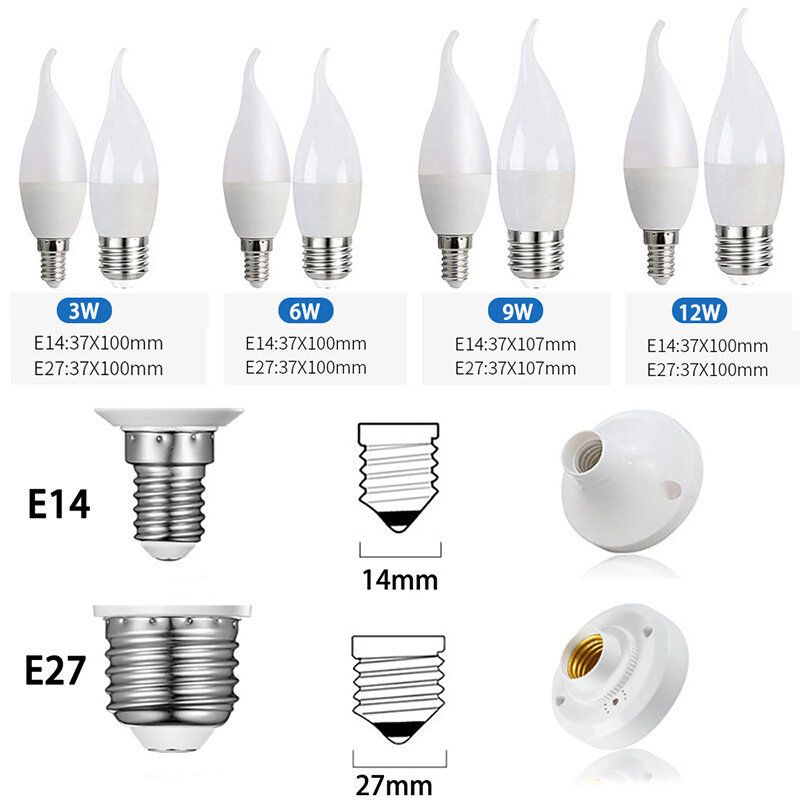Energy Saving Lâmpadas de vela LED, Lâmpada de lustre, Quarto Luz, Decoração Luz, E14, E27, 220V AC, 3W, 6W, 7W, 9W, 10pcs por lote