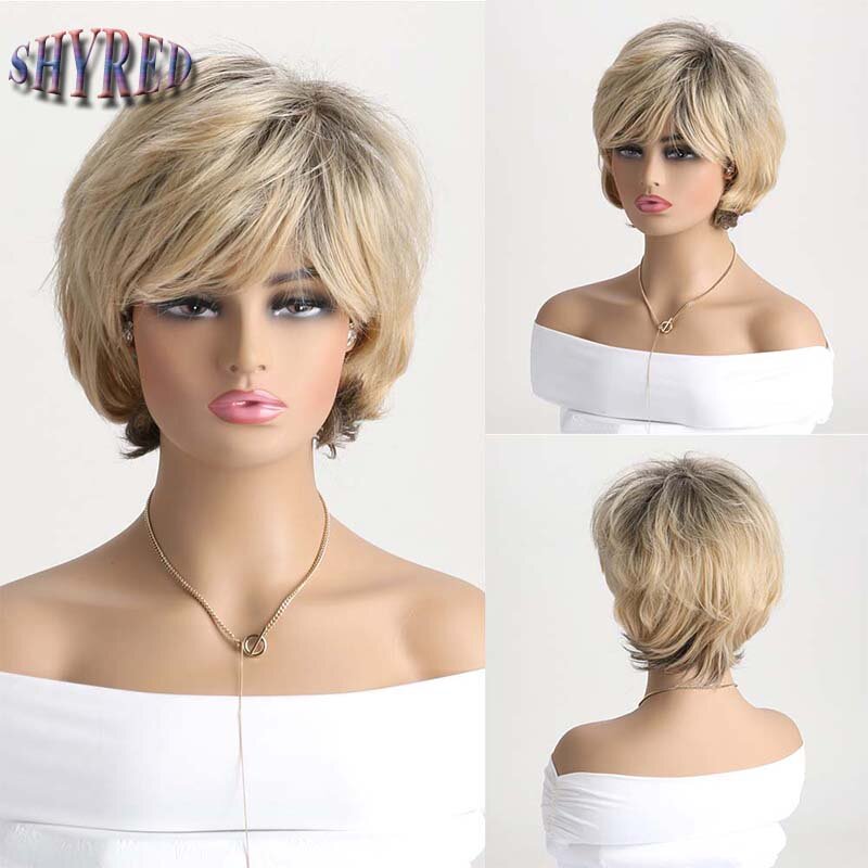 Synthetic Short Straight Blonde Pixie Cut Wigs with Bangs Hair Wigs for Women Daily Use Fake Hair