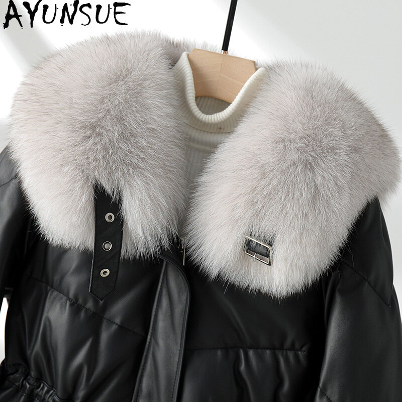 AYUNSUE-Jaqueta de couro de carneiro para mulheres, 90% casaco ganso branco, gola de pele raposa, jaquetas de couro soltas, moda coreana, 100% pele de carneiro real