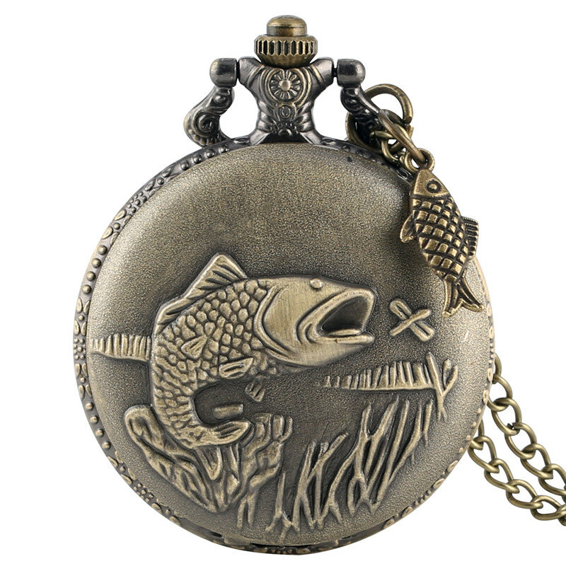 Orologio da tasca classico con orologio con movimento al quarzo in bronzo con motivo a pesce 3D con ciondolo a catena per collana accessorio regalo orologio
