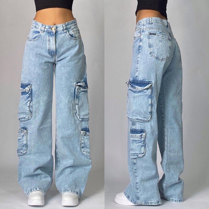 Harajuku Fashion industri berat biru dicuci multi-saku jeans longgar wanita Y2K Jalan populer Gotik celana kaki lebar pinggang tinggi