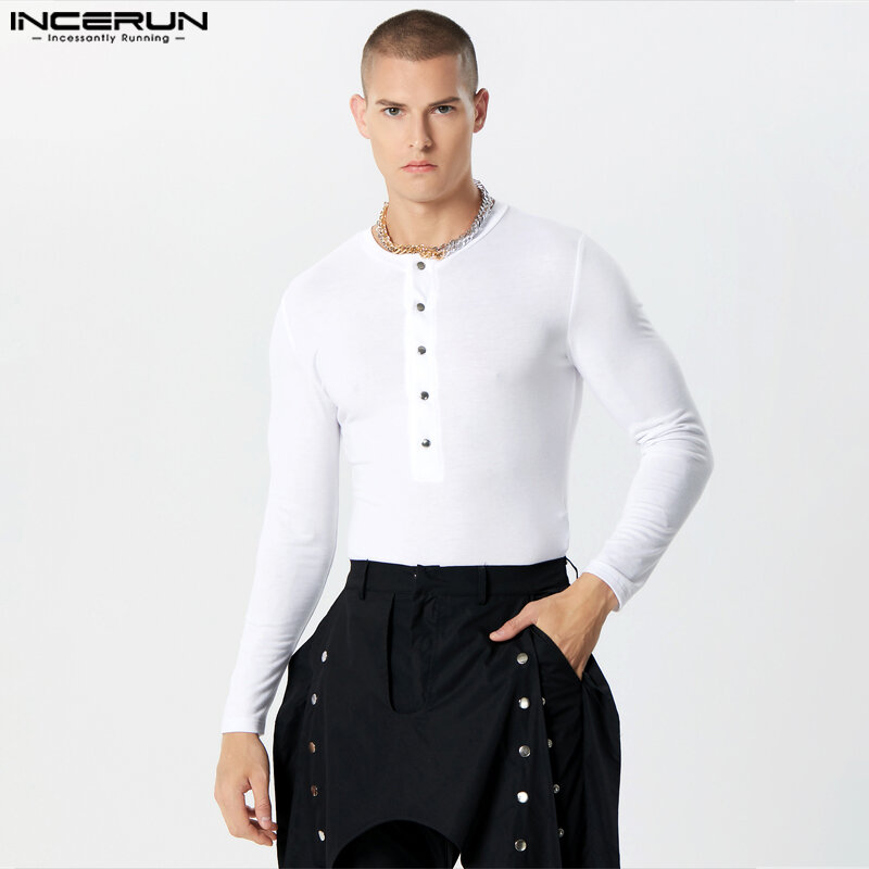 Męskie body INCERUN jednolity kolor z okrągłym dekoltem długie guzik na rękawie męskie pajacyki Streetwear Fitness przytulne codzienne body S-5XL