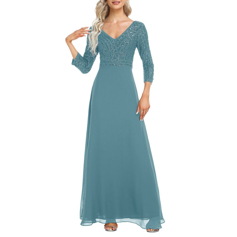 Jesienne suknie ślubne dla kobiet z długim rękawem dekoltem w szpic brokat świecący cekin niebieska sukienka o długości podłogi w sukienki druhen linii