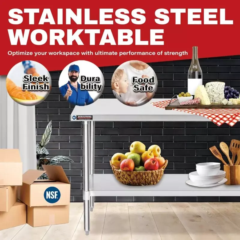 DuraSteel-Table en acier inoxydable avec étagère réglable, îlot de cuisine, poste de travail, NSF ignorez la table de travail, Cooki, 24x60 pouces