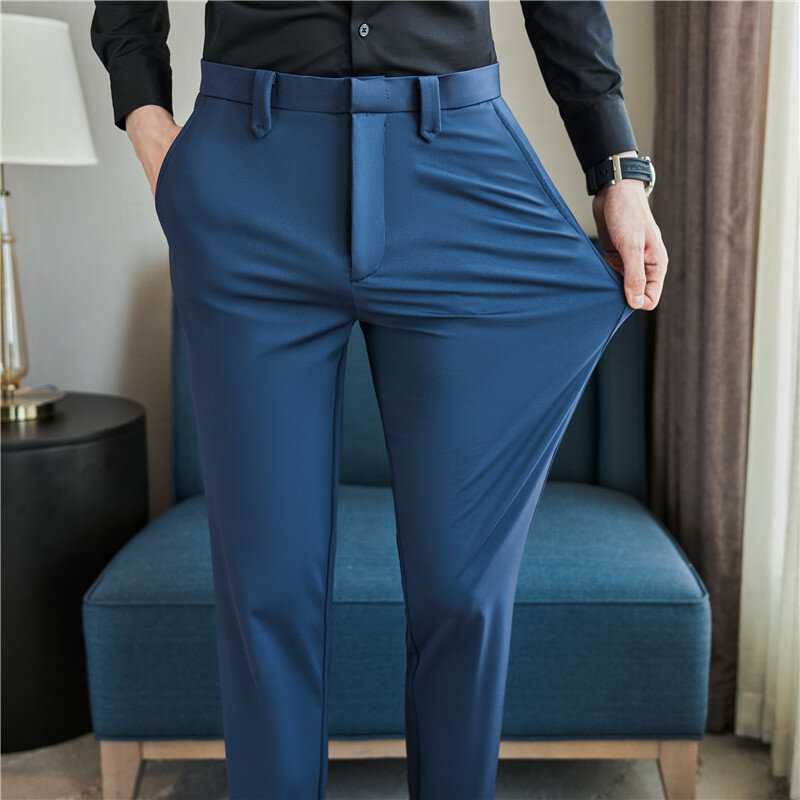 Mens Dress Pants Trousers 2024 Summer New Thin Breathable Solid Casual High Elastic Slim Fit Suit Pants Streetwear Men Clothing