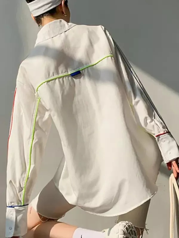 레저 용수철 여성용 단색 폴로 넥 셔츠, 우아한 루즈 싱글 브레스트 긴팔 셔츠, 한국 에디션 패션