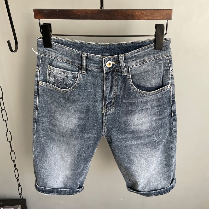 Summer Luxury Soft Grey Blue Ultra Thin Elastic Men'S Denim Shorts Straight Fit Fashion Printed Casual Split Mid Pants