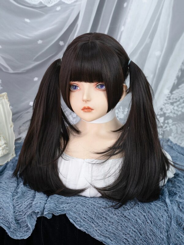 22Inch Black Color Hime Cut Synthetic Wigs with Bang Long Natural Straight Hair Wig for Women Daily Use Cosplay Heat Resistant