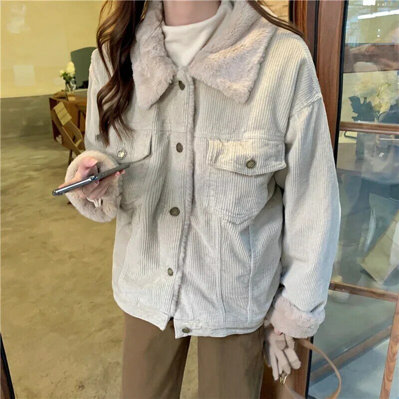 2022 Autumn and Winter New Retro Corduroy Women's Jacket Long-sleeved Loose Tooling Wind Lapel Thick Warm Cotton Jacket Women